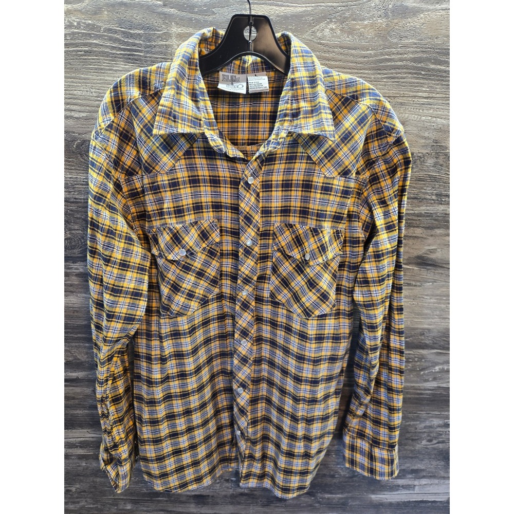 Bling-a-Gogo Mens Yellow Navy Blue Plaid Western Snap Button Down Shirt Large‎